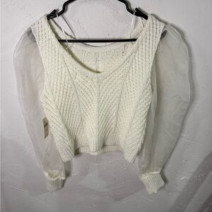 Anthropologie Cream Knit Sweater with Sheer Sleeves